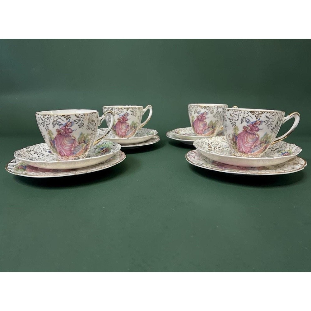VTG Pinkie British Bone China 4 Teacup & Saucer Sets w 4 Dessert Plates 12pc Lot